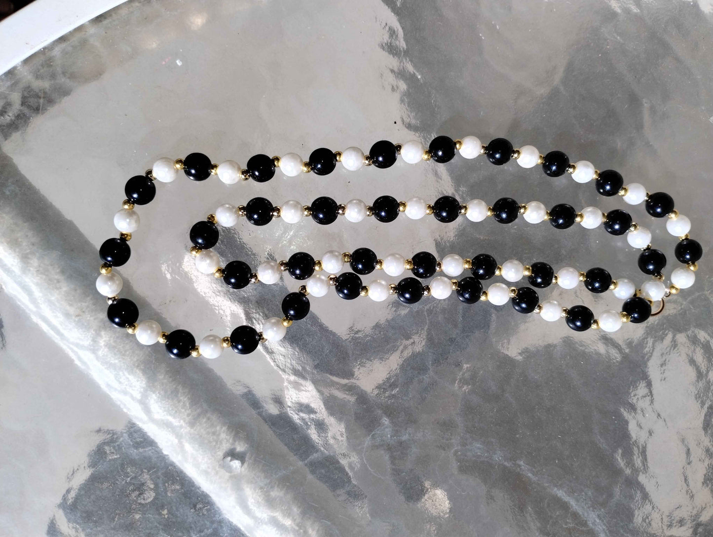Black and White Pearl Bracelet and Necklace Set with Gold Spacers