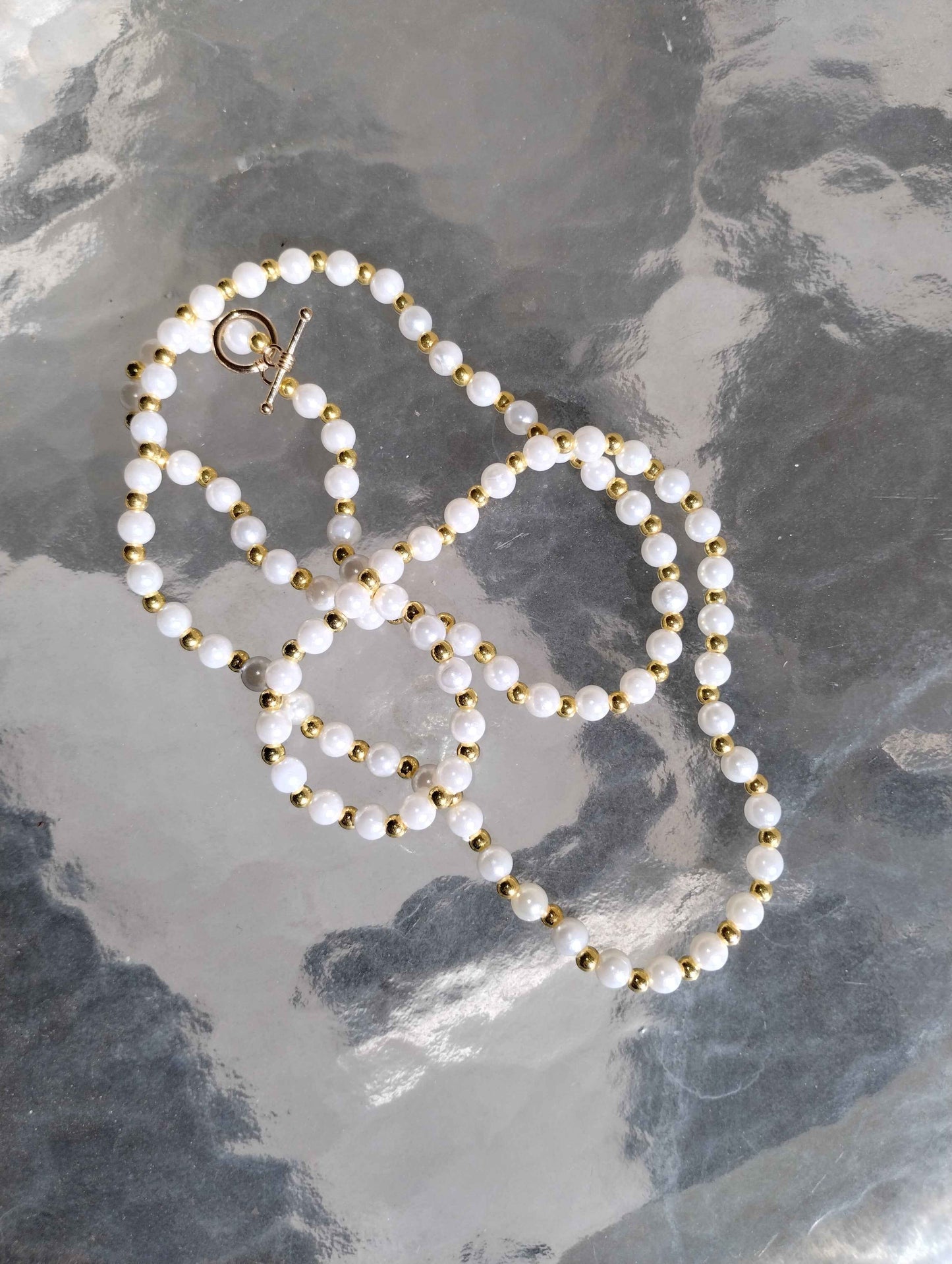 White Pearl Necklace with Gold Spacers