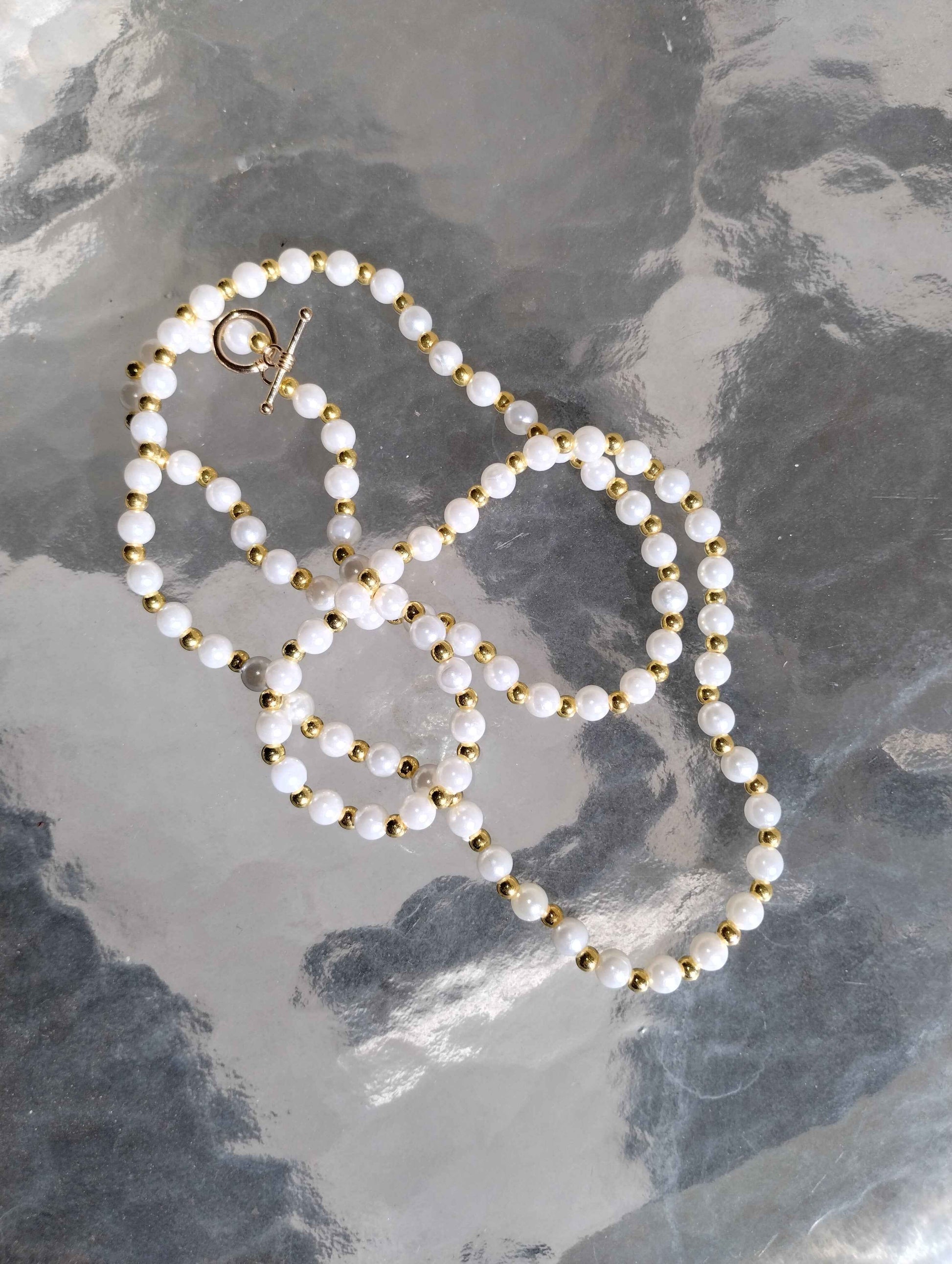 White Pearl Necklace with Gold Spacers