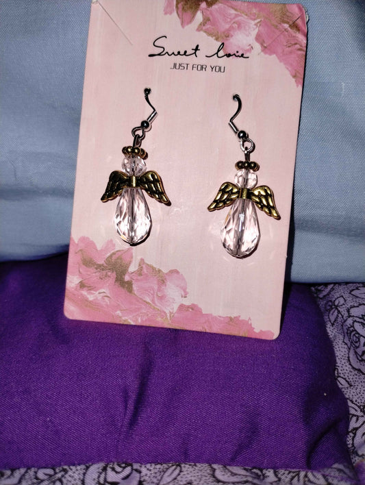 Crystal Angel Earrings with Gold Wings and Halo
