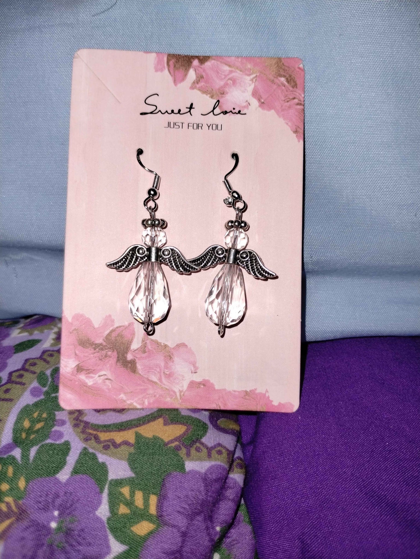 Crystal Angel Earrings with Silver Wings and Halo