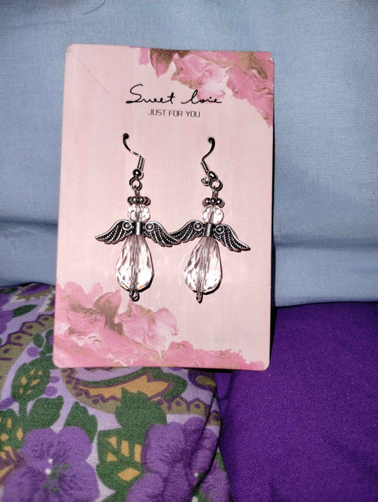 Crystal Angel Earrings with Silver Wings and Halo