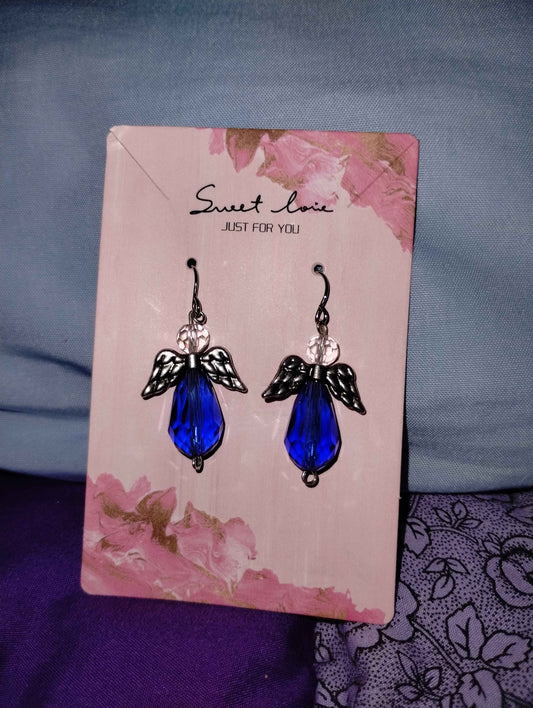 Royal Blue Crystal Angel Earrings with Silver Wings