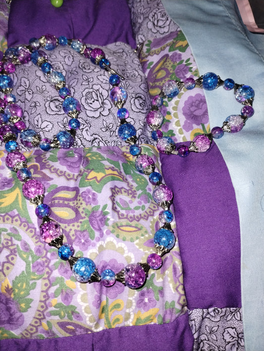 Blue and purple fusion glass bracelet and Necklace Set